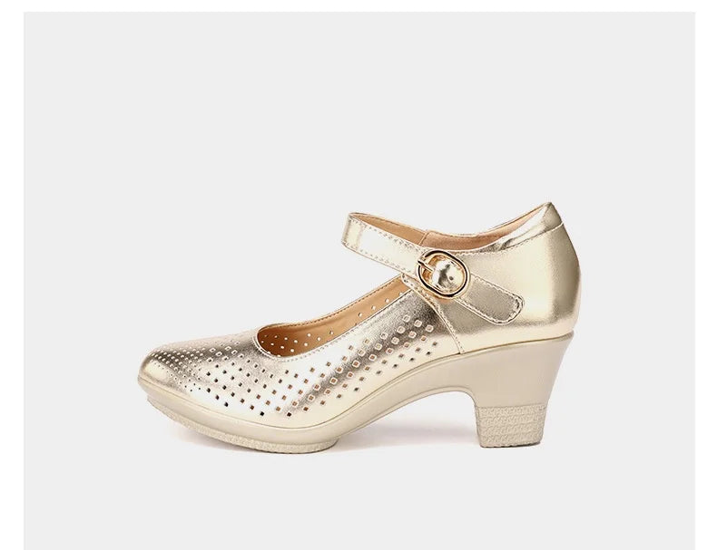 5.5cm 7.5cm Small Size 33 Breathable Cutout Block Heels Shoes Mary Janes 2024 Soft Leather Platform Pumps for Mom Dance Model