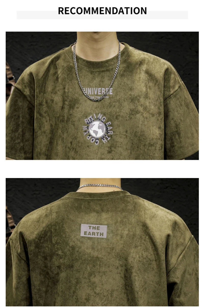Summer Graphic Printed Suede Short Sleeve T-shirt For Men 2024 New Y2K Streetwear Oversized Tee Shirts Hip Hop O-Neck Tops