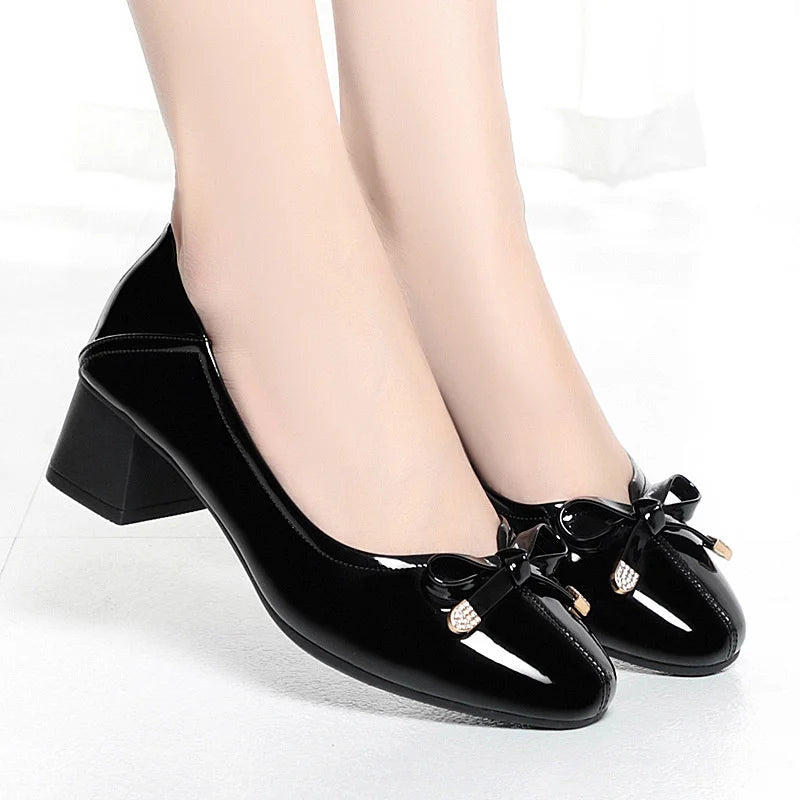 Spring New Comfort Soft Bottom Round Toe Solid Ballet Shoes Low Heel Bow Pumps Low Top Flat Patent Leather Single Shoes Viralgem Store