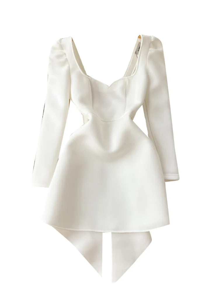 XFPV Female Dress Square Collar Solid Puff Sleeve Backless Bow High Waist Elegant Fashion Vestidos Spring Autumn2024 SM9457