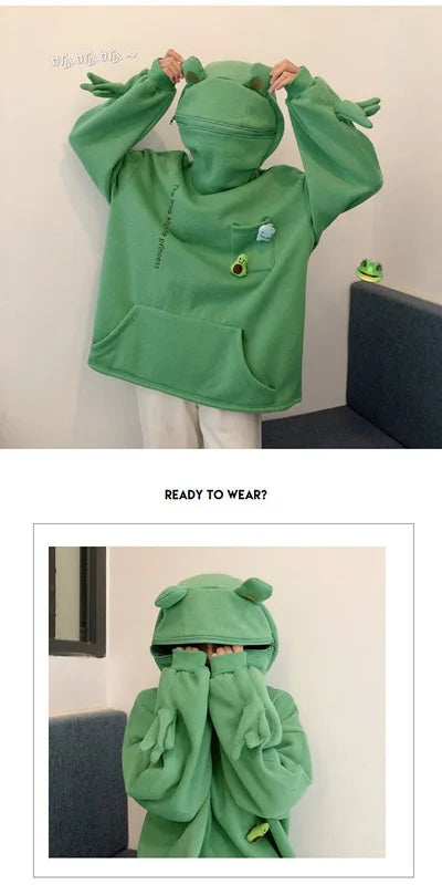 Unisex Frog Zipper Hoodie Fleece Lined Springtime Embroidery oversized Sweatshirt Harajuku Warm Pullover Korean Style Dropship