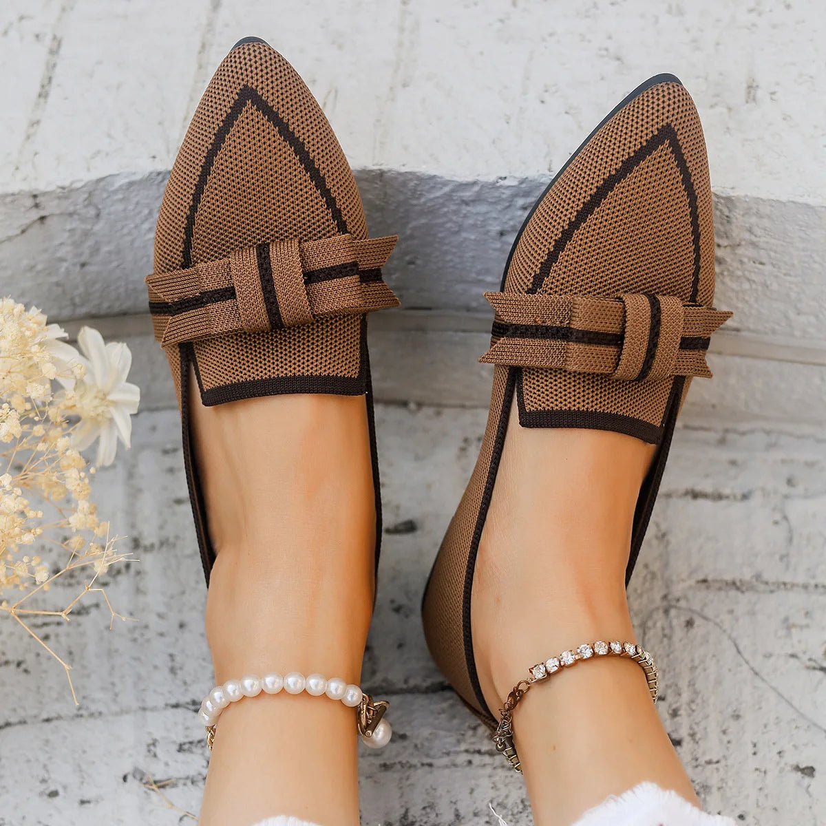 Women Flats 2024 New Knitted Slip Breathable Comfortable Solid Color Shoes Casual Pointed Toe Walking Loafers Sneakers Women Viralgem Store