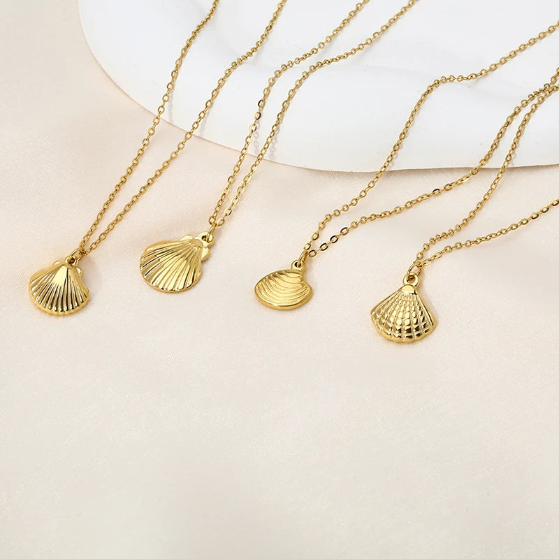 Tarnish Free Stainless Steel Waterproof Jewelry Starfish Conch Shell Coconut Palm Pendant Necklace for Women Girls Holiday Gift