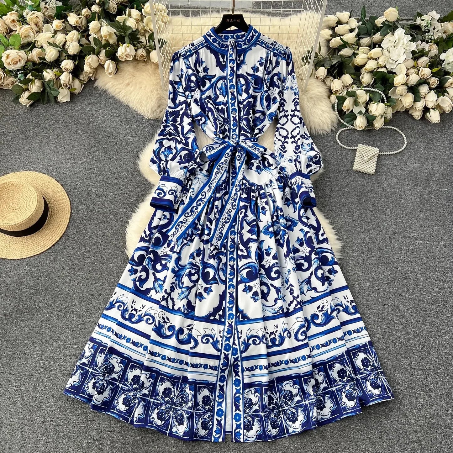 TRAF Runway Blue And White Porcelain Print Holiday Maxi Dress Women's Stand Single Breasted Loose Lace- Up Long Robe Vestido