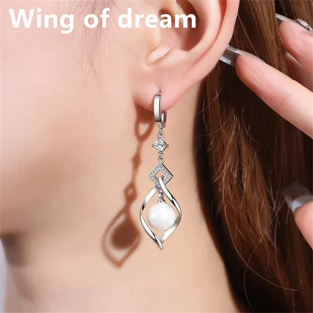 925 Sterling Silver Crystal Zirconia Natural Pearl Earrings, Women's Fashion Gorgeous Wedding Engagement Party Jewelry