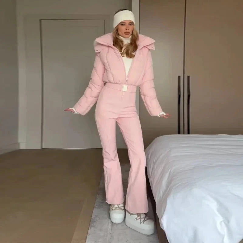 Snow Jumpsuit Women High Neck Zipper Long Sleeves Hoodie Patchwork Fur Belts Skiwear Female 2025 Winter Solid Warm Streetwears Viralgem Store