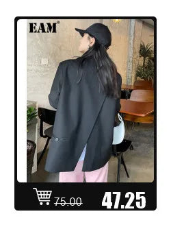 [EAM] Big Size Gray Jacket Wide Leg Pants Two Piece Suit New V-Neck Long Sleeve Women Fashion Tide Spring Autumn 2024 1DH6481