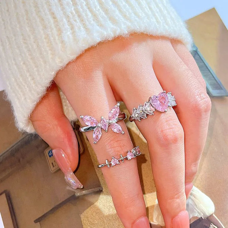 Adjustable Crystal Rings Y2K Pink Irregular Geometry Vintage Bowknot Heart Ring Set for Women Girl 2023 New Fashion Jewelry Gift Viralgem Store