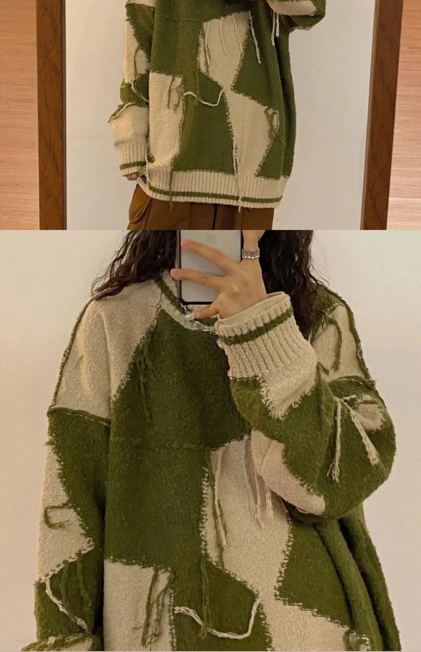Women's Green Gothic Y2k Two-tone Knitted Sweater Harajuku Korean Y2k Long Sleeves Jumper Sweaters Vintage 2000s Clothes Autumn