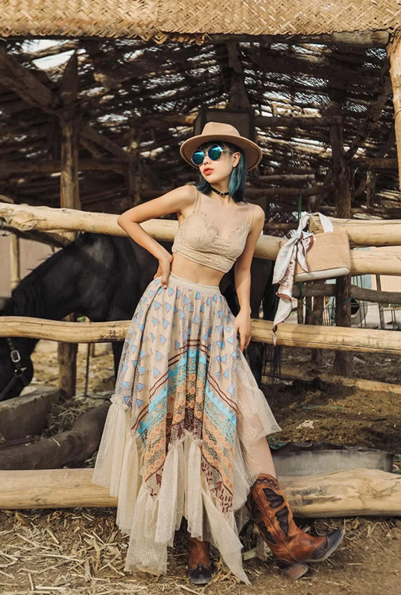 Women‘s Travel Holiday Wear Bohemian Colorful Embroidery Lace Ruffles Skirt Asymmetrical Hem Skirt Female Shiny Gold Mesh Skirts