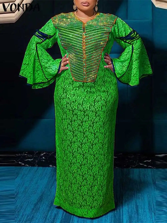 2024 VONDA Women Bohemian Dress Summer Printed Maxi Sundress V-Neck Long Flare Sleeve Party Vestidos Fashion Casual Loose Robe Viralgem Store