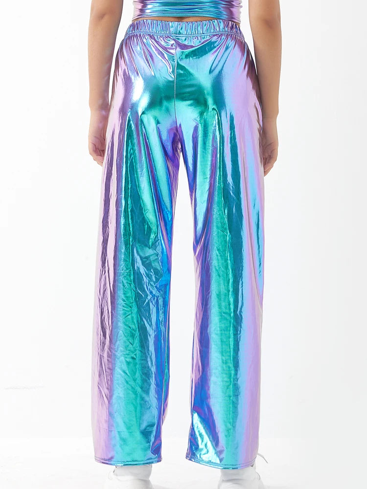 Women Adult Shiny Straight Leg Pants Casual High Waist Metallic Pants Super Long Holographic Pants Disco Bottoms Viralgem Store