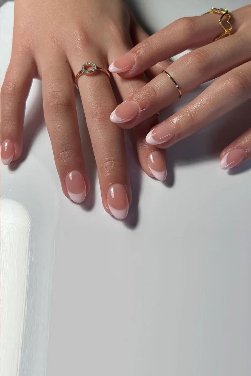 24Pcs Wearable French Fake Nails with Glue Simple Almond False Nails White Edge Design Short Full Cover Oval Nails Set Press On