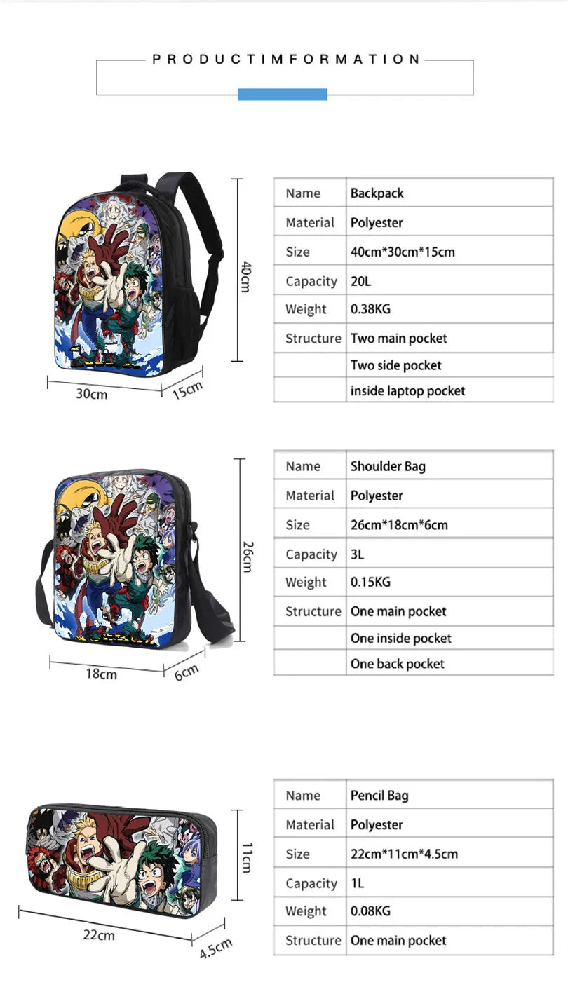 3pcs/Set Backpack Harajuku Dinosaur 3D Print School Student Bookbag Anime Laptop Daypack Lunch Bag Pencil Case