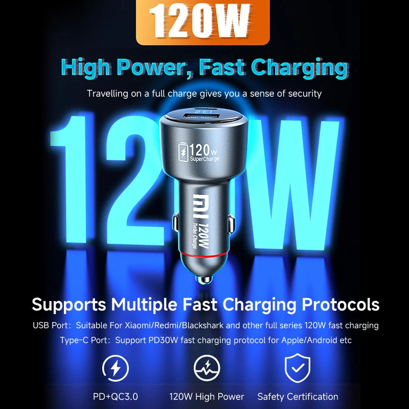 120W Xiaomi USB Type C Car Charger 67W 6A Turbo Fast Charging Adapter For Mi 14 13 13T 12 Pro Redmi Note K60 IPhone 16 15 Charge Viralgem Store