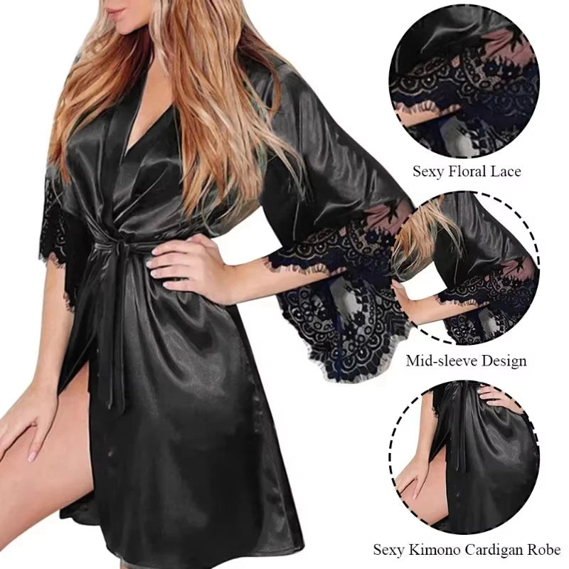 Women Night Gown Robe with G String Floral Lace Bathrobe Halt Sleeve Nightdress Female French Sexy Silky Satin Sleepwear Viralgem Store
