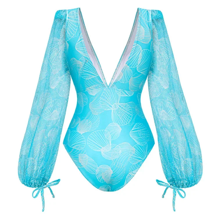 2024 V Neck Shell Print Decor Long Sleeve One Piece Swimsuit and Skirt  Clearance Wholesale Bodysuit Dress