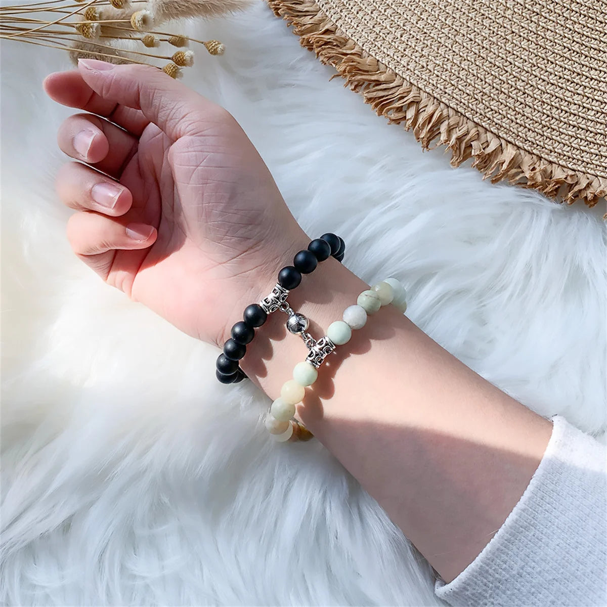 2pcs/set Natural Stone Beads Bracelet for Women Men Lovers Magnet Attraction Couple Distance Bracelets Best Friends Jewelry Gift