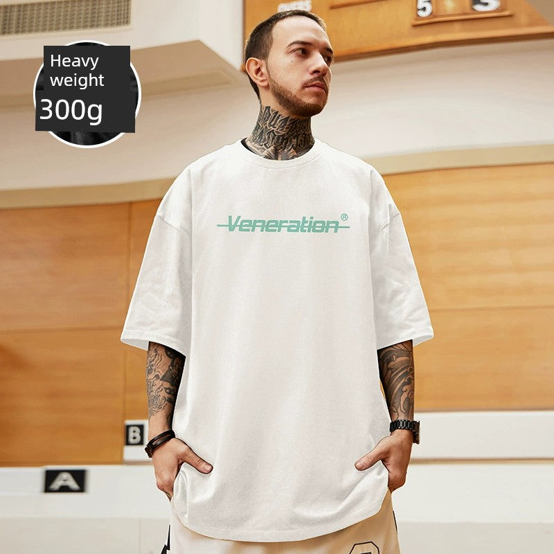 300G Heavy Weight American Letter Print Short-Sleeve T-shirt Street Plus Size Black round Neck Cotton Simple Half Sleeve Men's Fashion