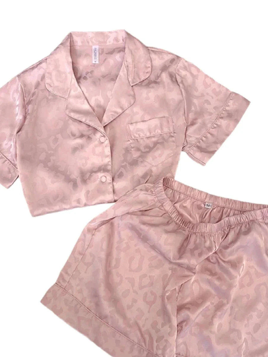 1 Set Leopard Pattern Pajama Set, Buttons Short Sleeve Top & Elastic Waistband Shorts, Women's Sleepwear & Loungewear