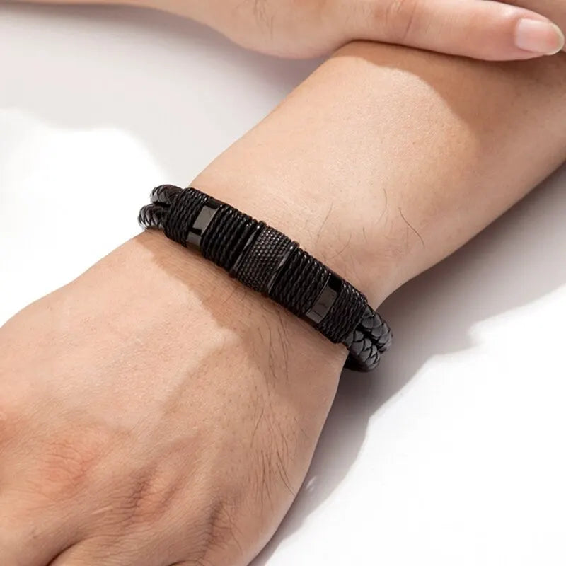 Vintage Woven Leather Rope Wrap Bracelets For Men Classic Stainless Steel Bangles Bracelets Punk Wristband Jewelry Male Gifts