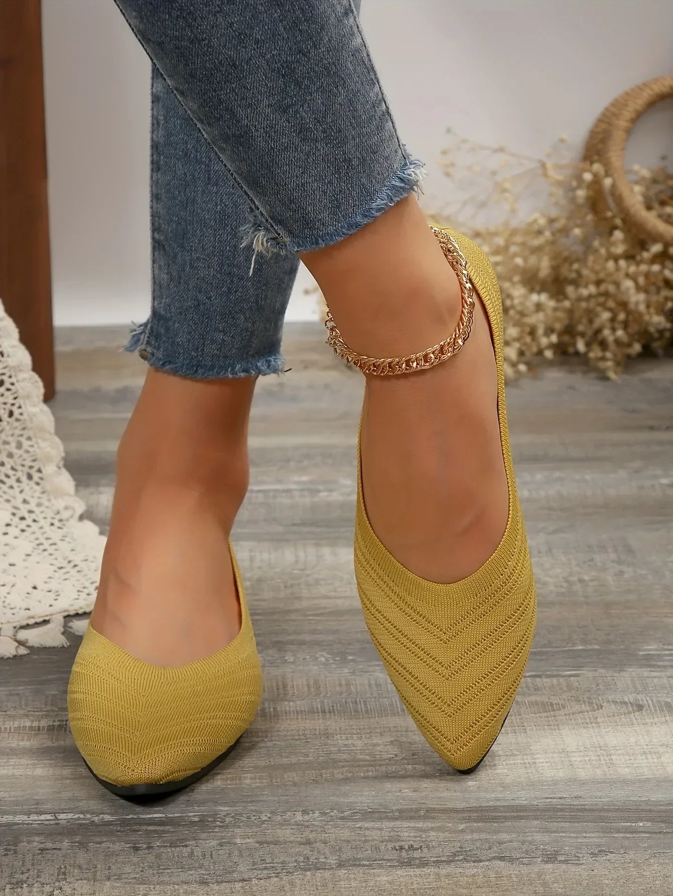 Women's Pointed Toe Flat Shoes Solid Color Knitted Slip on Shoes Casual Breathable Ballet Flats Women Flat Shoes Loafers Women Viralgem Store
