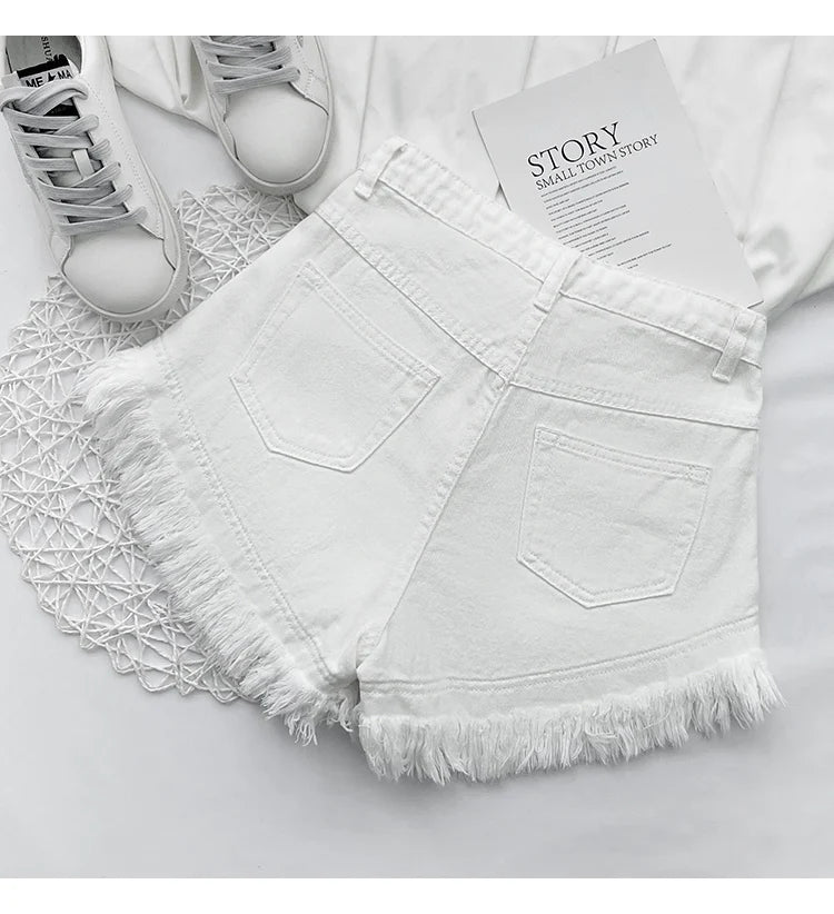 White Denim Shorts Women New High-Waist Ripped Fringed Burr Hot Pants 2023 Summer Loose Wide-Leg Korean Style Short Femme