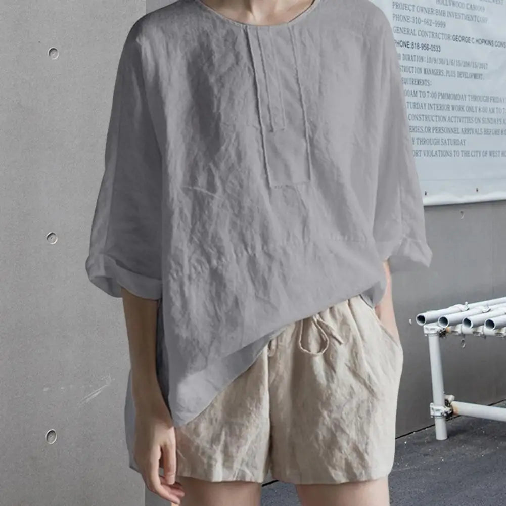 Womens Oversized Pullover O-neck Mid-Length Back Split Hem Summer Shirt Solid Color Half Sleeve Pullover Blouse Female Clothing