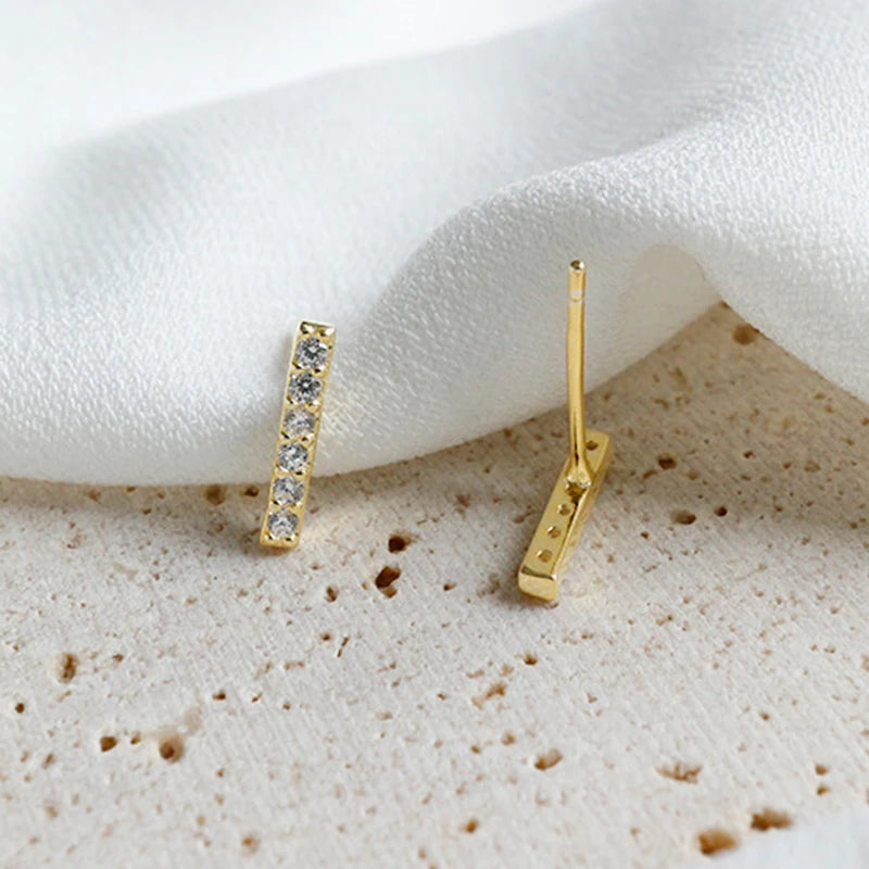 925 Sterling Silver Ear Needle Zirconia Minimalist Small Stud Earrings For Women Fashion Flat Bar Earrings Fine Jewelry Gifts