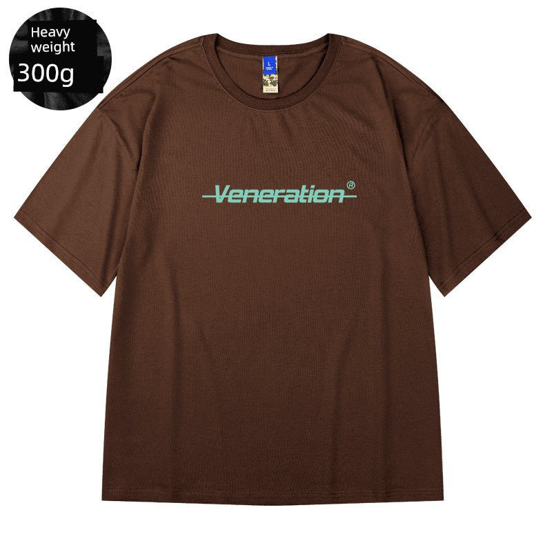 300G Heavy Weight American Letter Print Short-Sleeve T-shirt Street Plus Size Black round Neck Cotton Simple Half Sleeve Men's Fashion