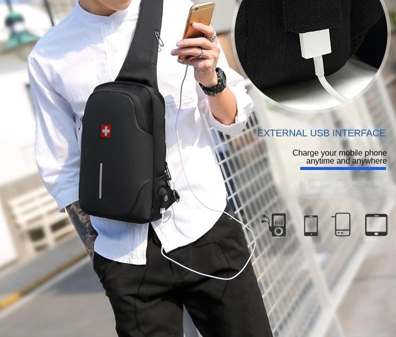 SWISS New Men's Casual Chest Bag Sports Waterproof Shoulder Bag Anti-theft Crossbody Bag Fashion Solid Color Usb Bag Sling Pack Viralgem Store