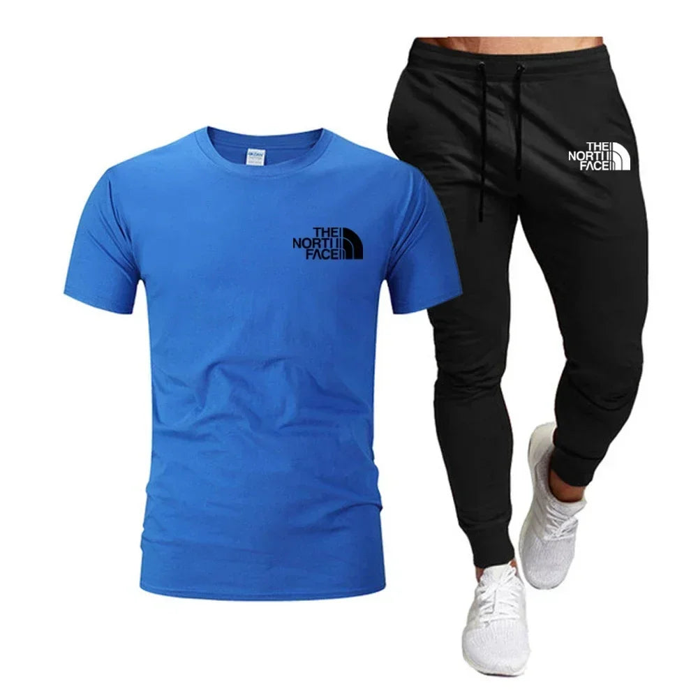 Summer 2025 Men Tops 100% Fashion Cotton Short Sleeve Long Sweatpants Streetwear 2 Piece Sets Men Clothing