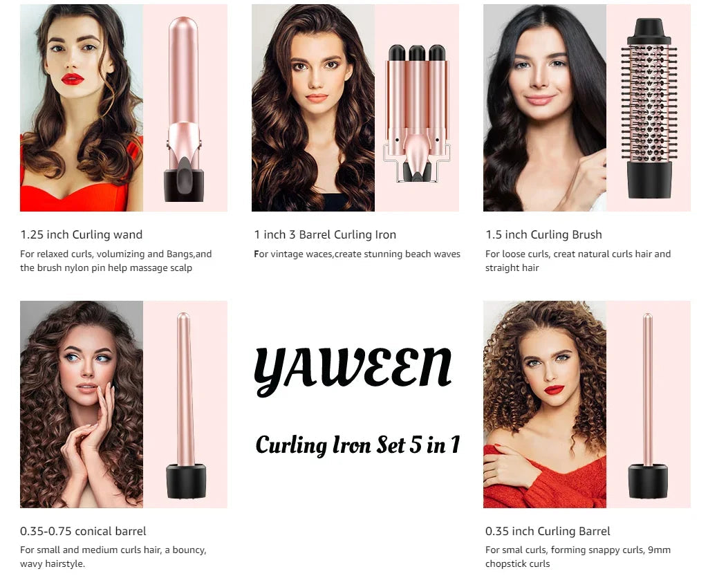 5 in 1 Curling Iron Set with Curling Brush, 0.35”-1.25” Hair Curler Wand for Hairstyle and Heat Resistant Gloves and Hair Clips Viralgem Store