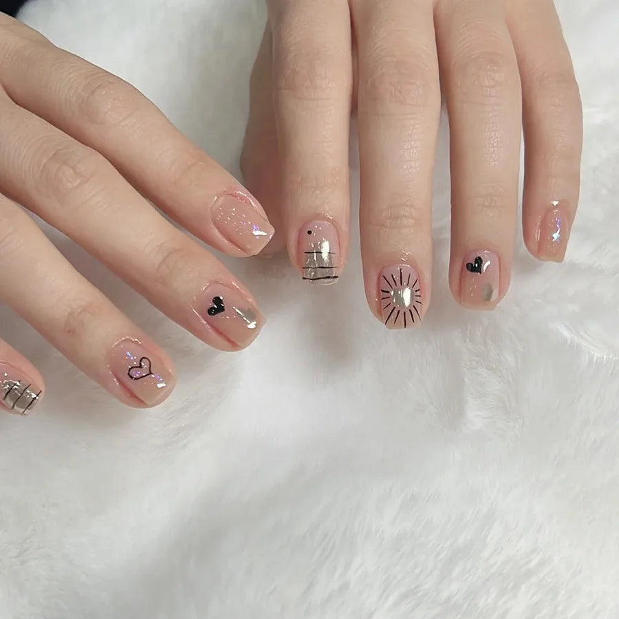 24pcs/set short Medium fake nails square ballet almond nail tips pink beautiful heart for Valentine's Day press on false nails