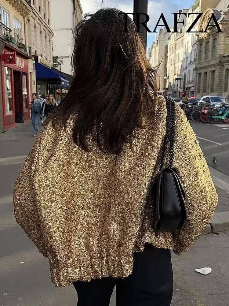 TRAFZA Women Trend Gold Sequin Decoration Loose Short Jacket Woman New Fashion Coat Versatile Warm Chic And Elegant Female Coats Viralgem Store