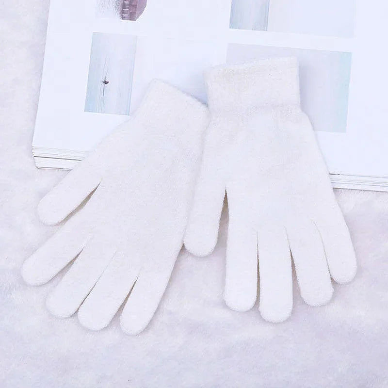 Women Gloves Knitted Solid Autumn Winter Hand Warmer Thicken Lining Skiing Short Wrist Female Full Fingered Mittens