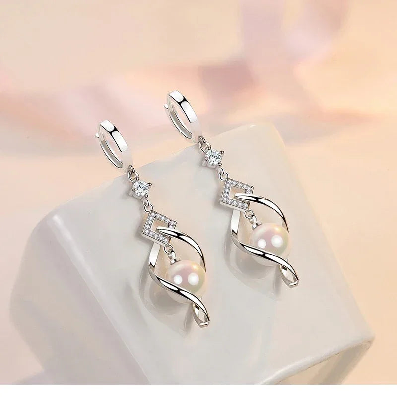 925 Sterling Silver Crystal Zirconia Natural Pearl Earrings, Women's Fashion Gorgeous Wedding Engagement Party Jewelry
