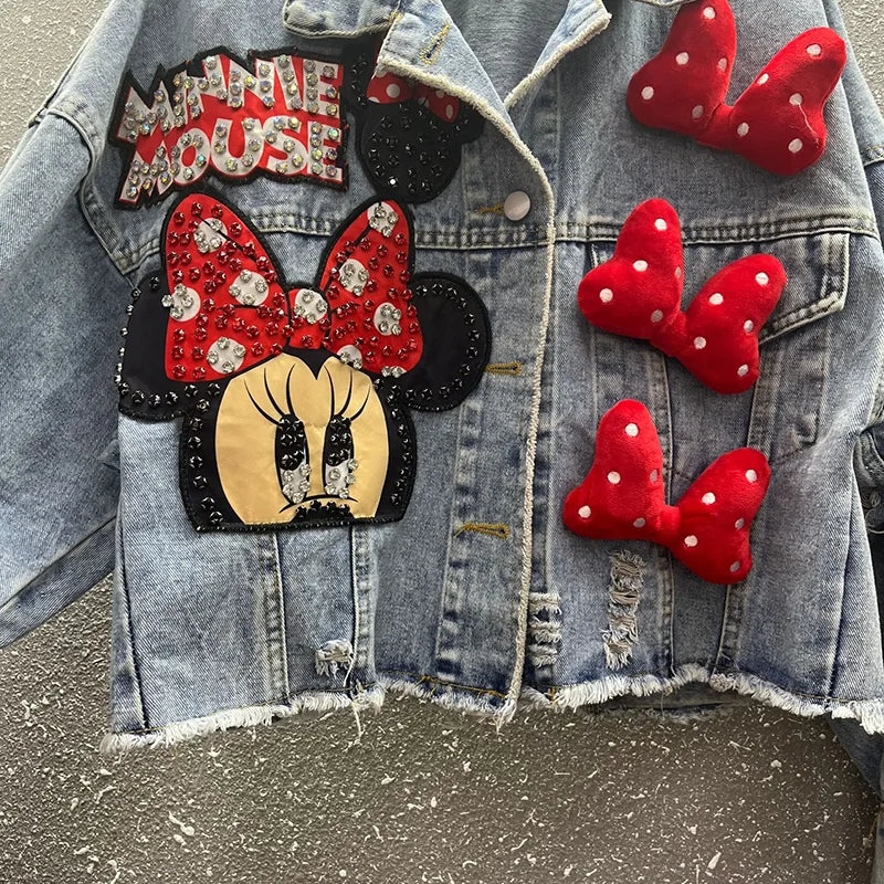 2024 New Women Coat Cartoon Sticker Embroidered Sequin Short Denim Jacket Loose Bowknot Top