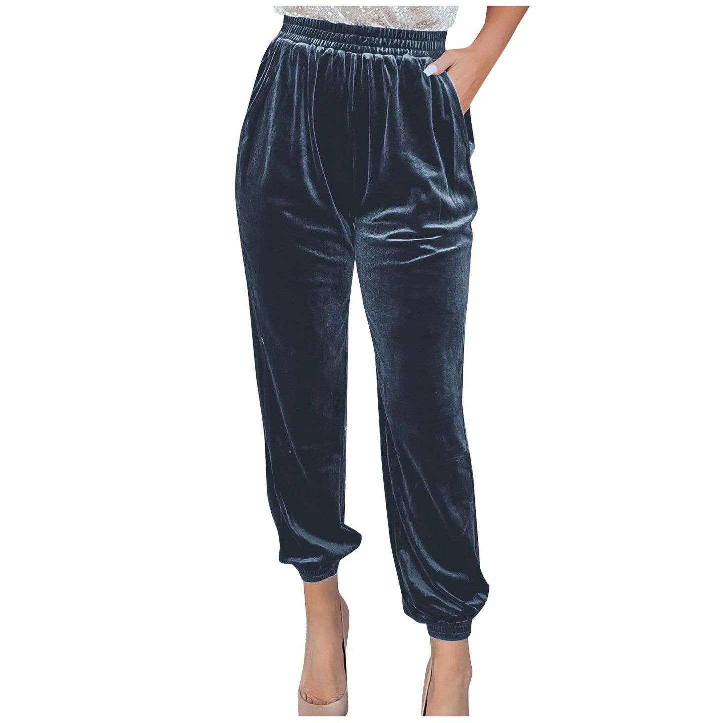 Women's Velvet Pants High Waist Loose Wide Leg Pants Casual Elastic Waist Velour Long Trousers with Pockets