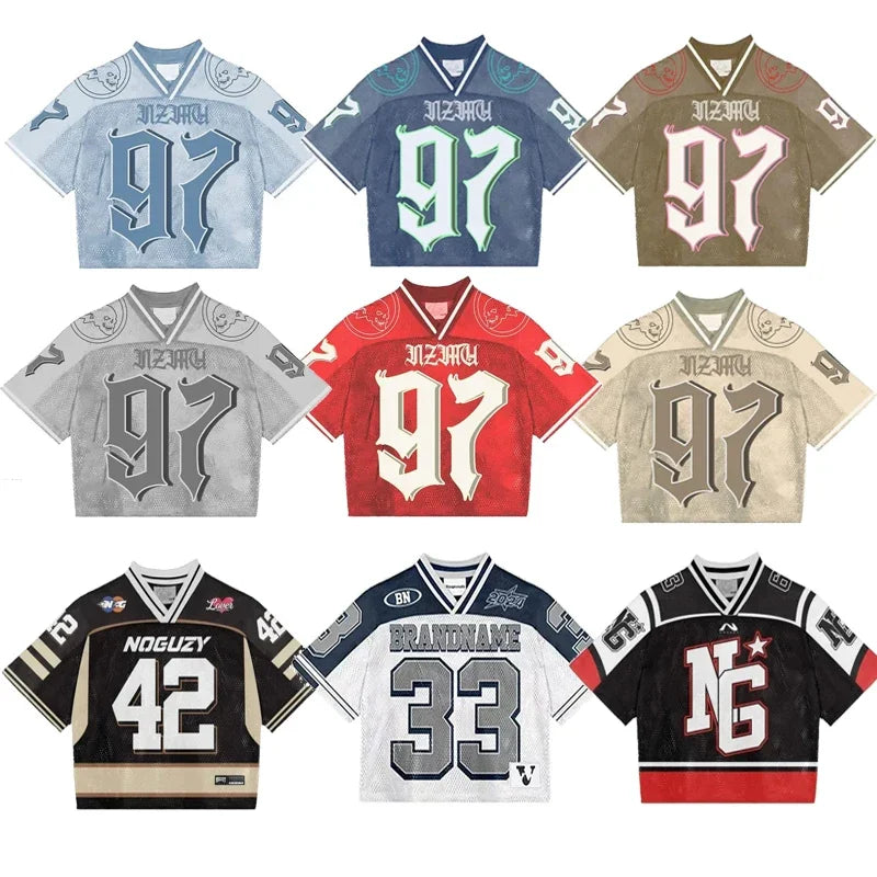 Y2K Unisex Breathable T Shirt American Fashionable splicing football loose jersey casual Streetwear Hip Hop men women t shirt