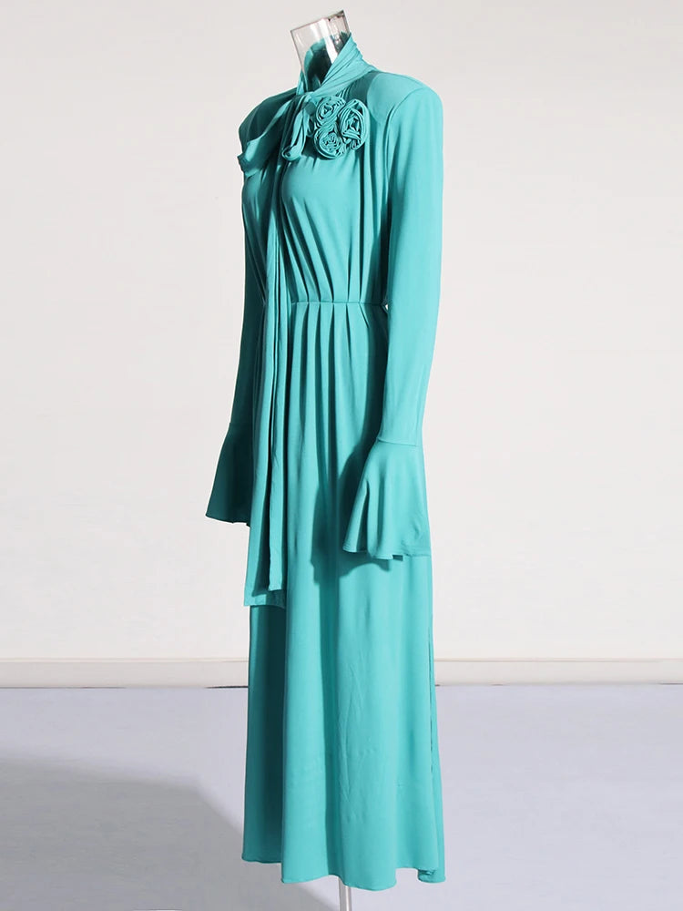 TWOTWINSTYLE Solid Appliques Folds Dresses For Women Half High Collar Flare Sleeve Tunic Long Dress Female Fashion Clothing New Viralgem Store