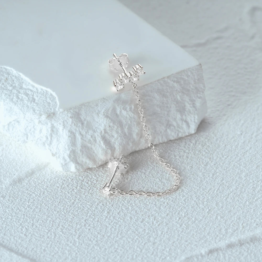 Aide 925 Sterling Silver 1pc Four Zircons Charm Chain Tassel Earrings For Women Double Studs Sparkling CZ Pave Cartilage Clips