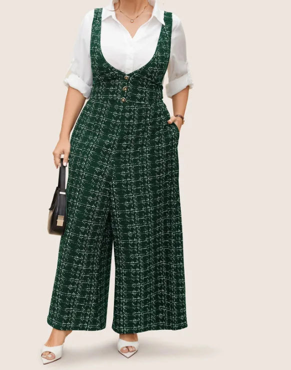 2025 Women's Sleeveless Oversized Jumpsuit Overalls Ladies Sexy Plaid Deep V Neck Wide Leg Pants Jumpsuits with Buttons Pockets Viralgem Store