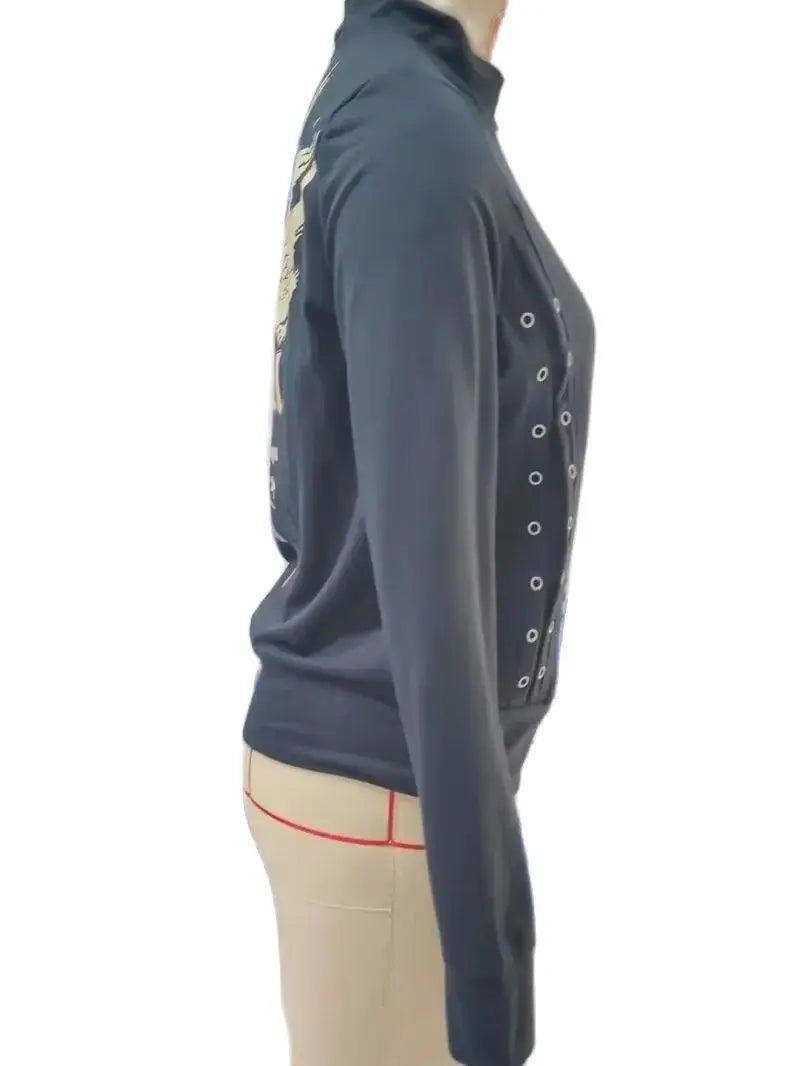 Women Fashion Skull and Letter Print Hoodies y2k Side Tie Up Coats Casual Long Sleeve Zip Up Hoodies Black Basic Slim Sweatshirt