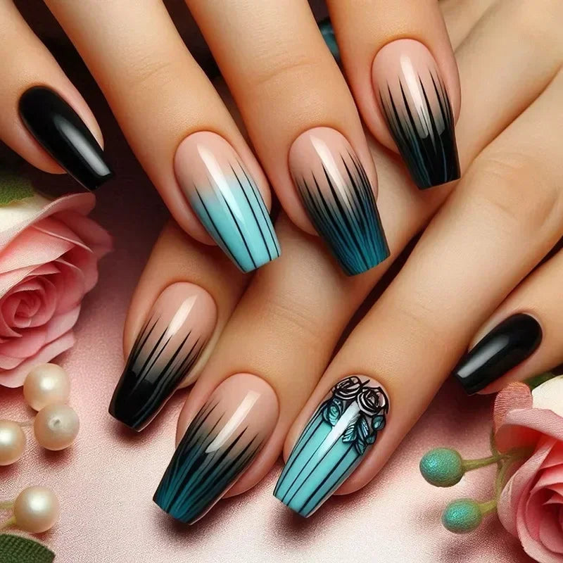 24Pcs Ladder-shaped Ballet False Nails with Glue Stripe Floral Nail Art Ombre French Press on Acrylic Nail Tips for Spice Girls