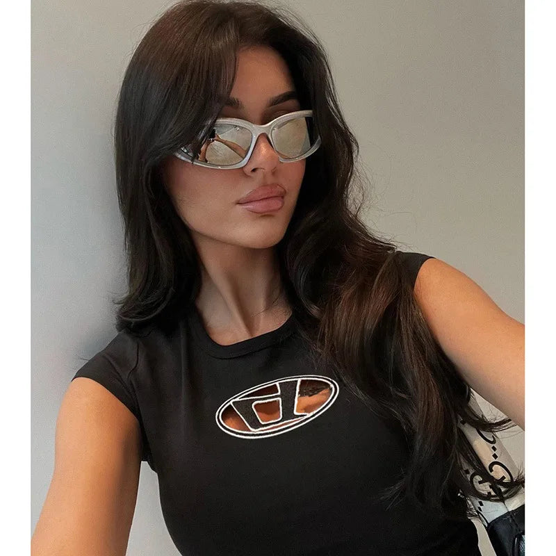 Y2k Top Shirts for Women Fashion Street Spice Girl Slim Show Chest D Embroidery Crop Short Open Umbilical Versatile Top