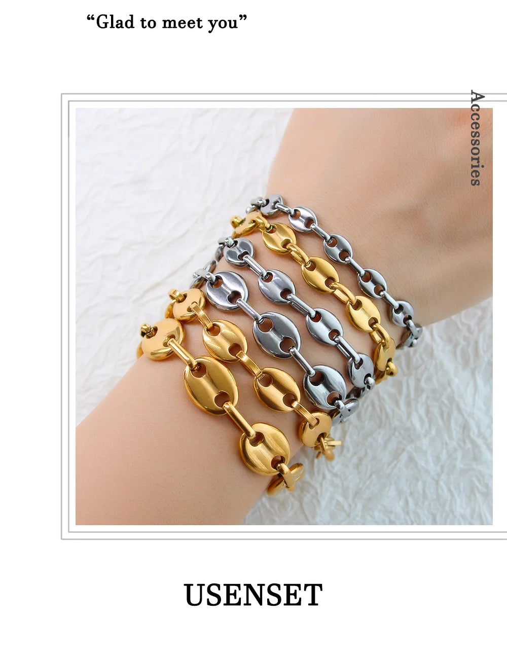 USENSET Coffee Bean Stainless Steel Bracelet Waterproof Link Chains 8-11MM Handmade Jewelry Gold Color Gifts 7-34inch