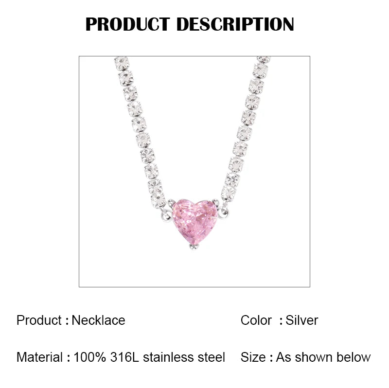 Stainless Steel Necklace Tennis Chain Hip Hop Square Pendant Necklace Star Heart Zircon Choker Necklaces For Women Jewelry