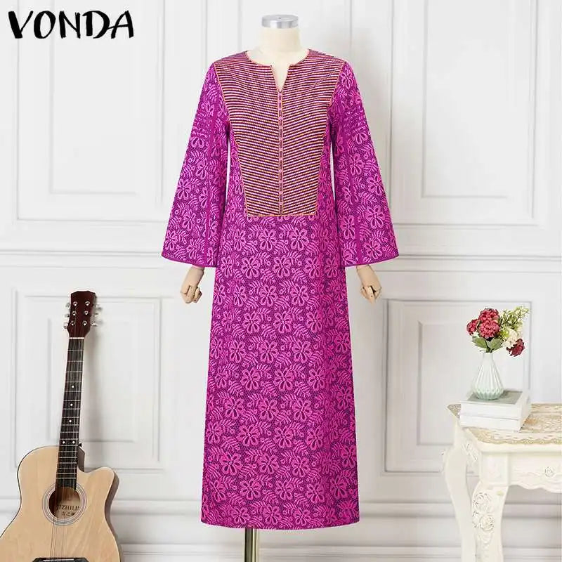 2024 VONDA Women Bohemian Dress Summer Printed Maxi Sundress V-Neck Long Flare Sleeve Party Vestidos Fashion Casual Loose Robe Viralgem Store
