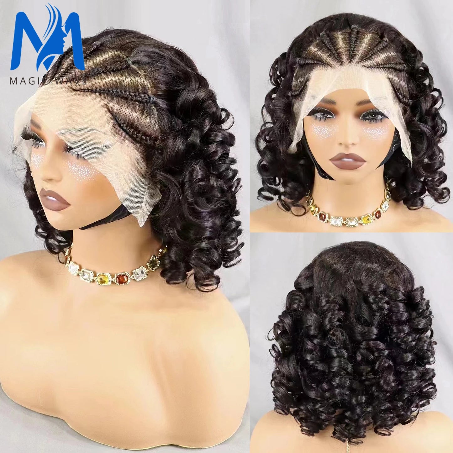 12-18 Inches Natural Color Fumi Loose Wave Bob Human Hair Wig with Braids for Black Women Brazilian Remy Hair Pre Plucked